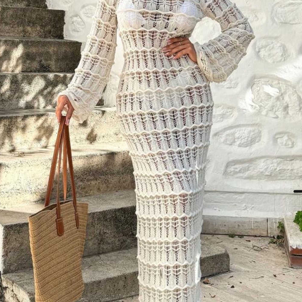 Elegant Soft Beige Crochet Maxi Dress Cover Up